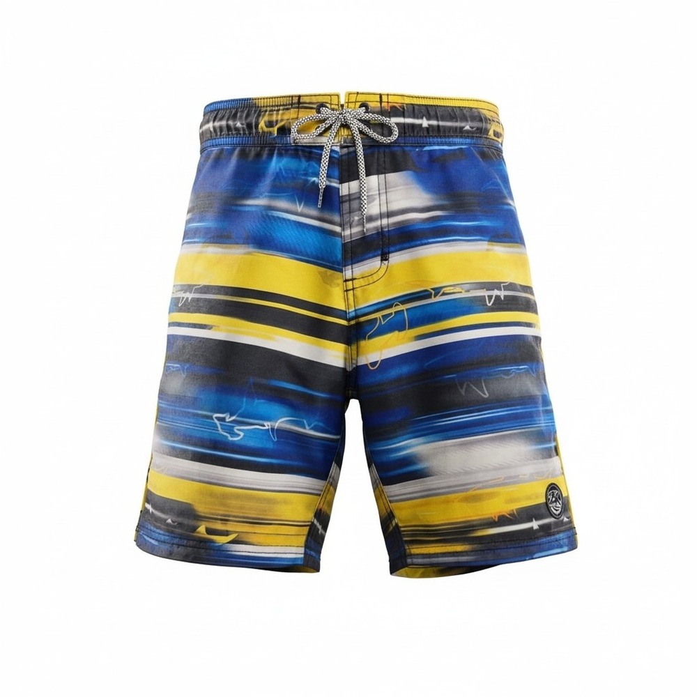 ZeroXposur Boys Swim Trunks Blue Yellow Shark Stripe Board Shorts Size M 10/12